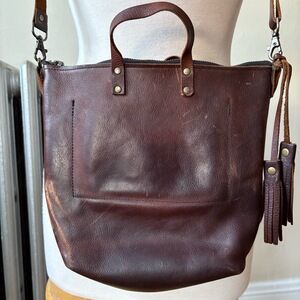 Rugged Tobacco Colored Shoulder Bag Leather with Brass Detail Fringe Tassel